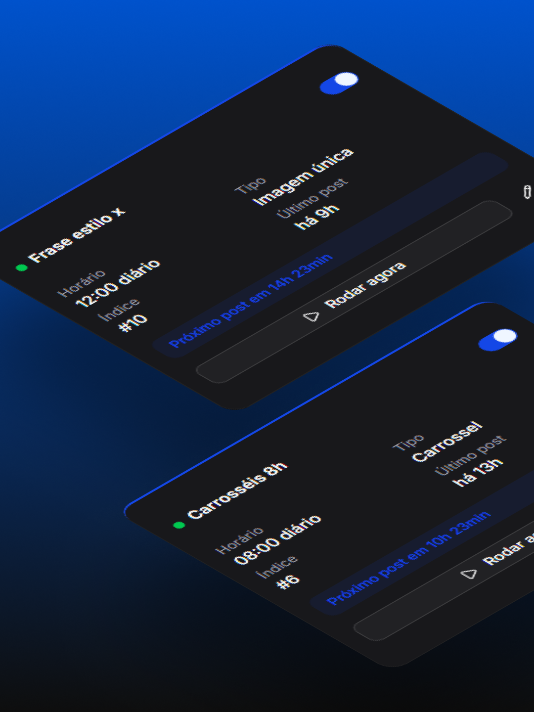Cartões de automações recorrentes com horário diário, tipo de post e tempo até o próximo post