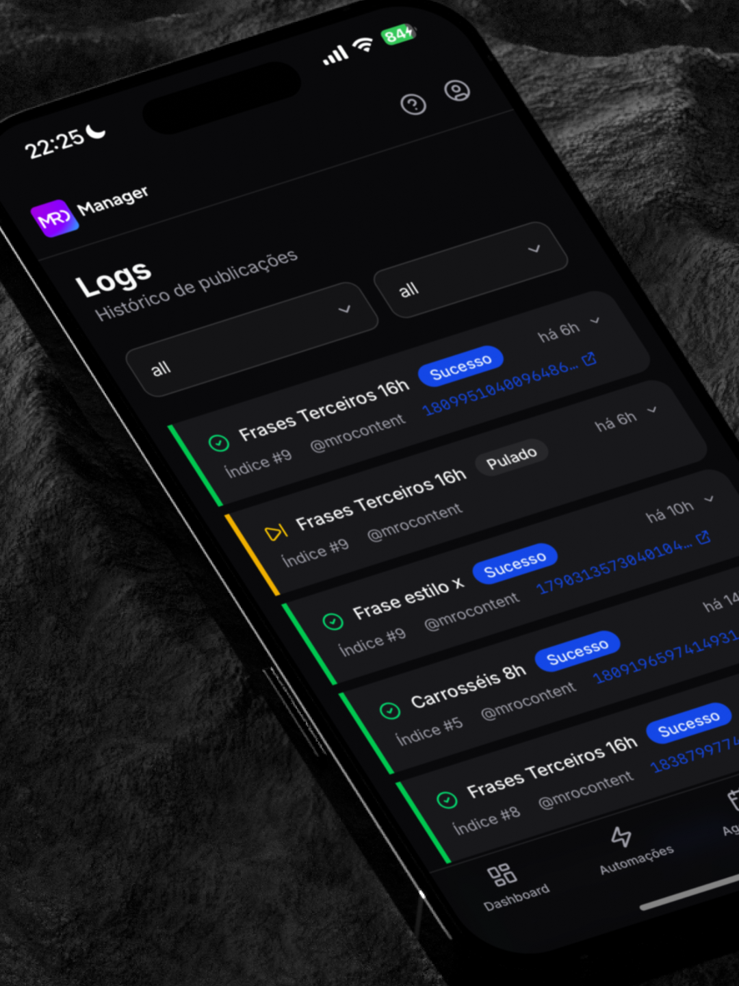 Tela de logs com o histórico de publicações e o status de cada uma