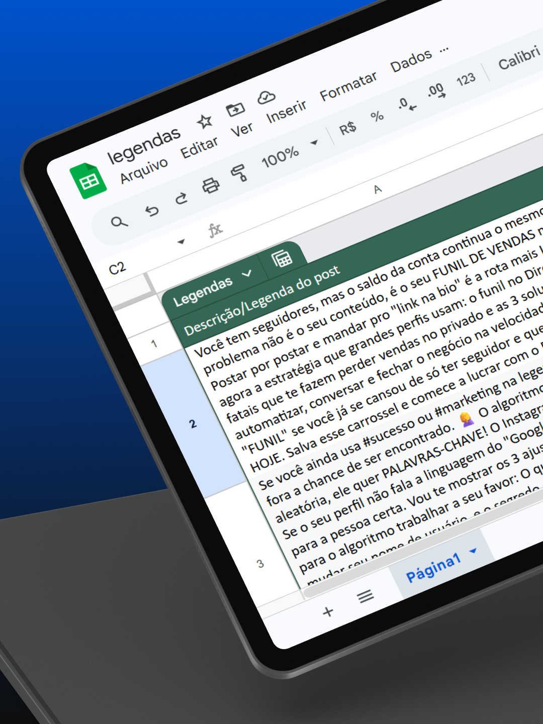 Planilha de legendas no Google Sheets, com uma legenda por linha